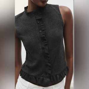 NWT Zara Sleeveless Charcoal Gray Top with Ruffle Detail